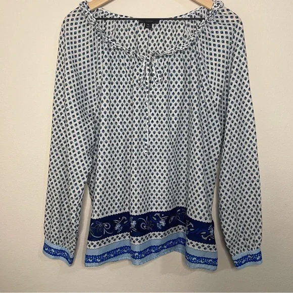 J.Crew Tie-Front Ruffle Top – Blue Ribbon Block Print – Size XL – Organic Cotton - Picture 3 of 9